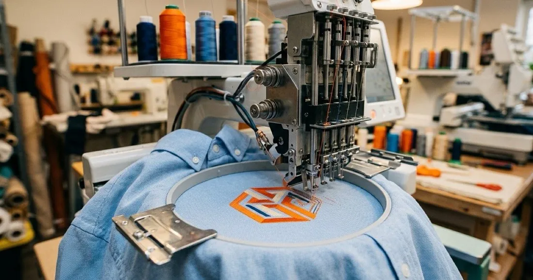 An embroidery machine stitching a colorful logo onto a shirt