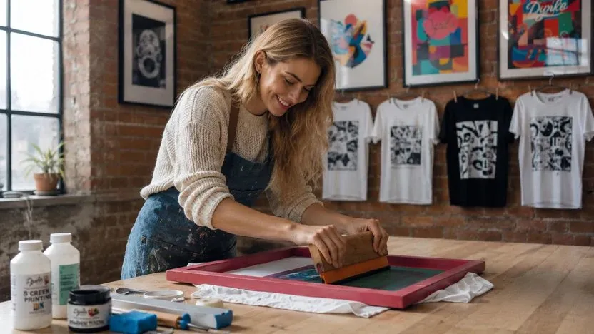 A printer smiling as she screen prints a shirt by hand at her worktable